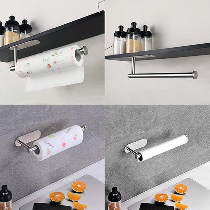 Paper Towel Holder with 2 Hooks-Under Cabinet Paper Towel Holder for Kitchen, Self-Adhesive or Screws, Space Saving Wall Mounted Kitchen Roll Holder, Bathroom, Stainless Steel Brushed Nickel