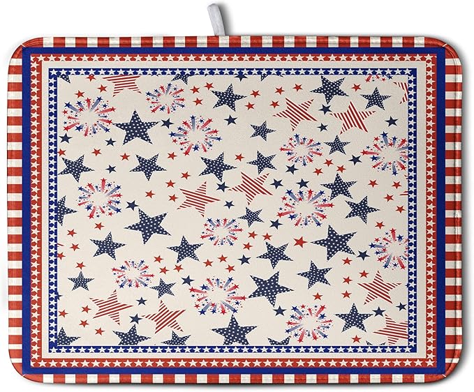 Happy 4th of July Patriotic Dish Drying Mat 18 x 24 Inch US Independence Day Vintage Star Kitchen Drying Mat Blue White Red Dish Drainer Mats Super Absorbent Dish Rack Pad for Coffee Bar Sinks by Kwlegh