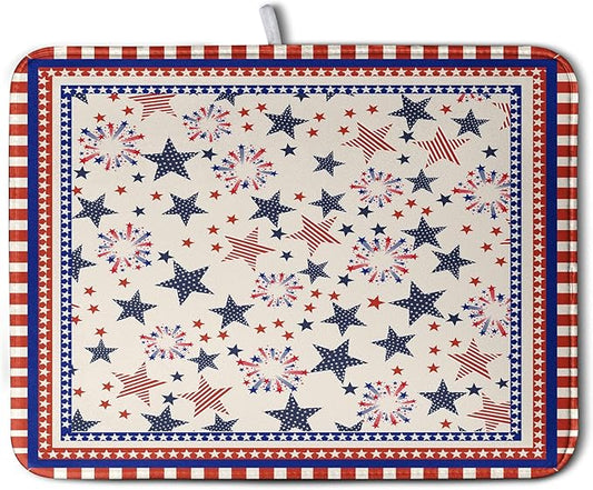 Happy 4th of July Patriotic Dish Drying Mat 18 x 24 Inch US Independence Day Vintage Star Kitchen Drying Mat Blue White Red Dish Drainer Mats Super Absorbent Dish Rack Pad for Coffee Bar Sinks by Kwlegh