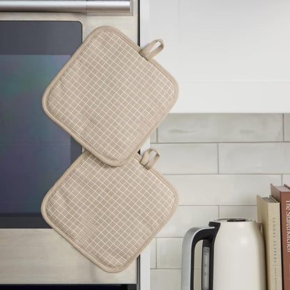 KITCHENAID Gourmet Series Gridlines Pot Holders 2-Pack Set, Heat Resistant up to 600°F, Soft Silicone Grip, Magnetic Cuff, Milkshake Tan, 8"x8" - Image 5