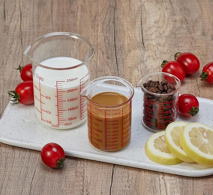 Ackers High Borosilicate Glass Measuring Cup Set with Pour Spout,60ml(2OZ),120ml(4OZ), 250ml(8OZ) Glass Measuring Beaker for Kitchen or Restaurant, Easy to Read - Image 2