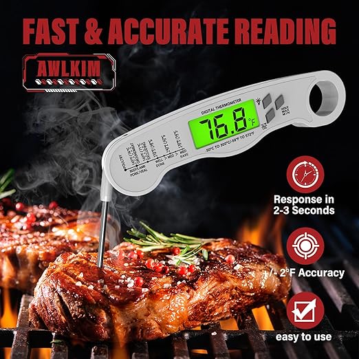 AWLKIM Digital Meat Thermometer with Doneness Chart, 2-Sec Instant Read Food Thermometer for Cooking, Grilling, Oven, Air Fryer - Waterproof Backlit Magnetic Flip Probe, Gift for Men, Dad - White - Image 2