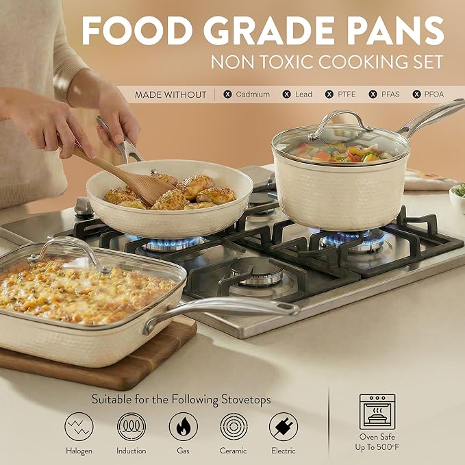 GOTHAM STEEL Hammered 20Pcs Ceramic Cookware Set Nonstick, Induction Pots and Pans Set Non Stick with Deep Fry Pan, Steamer, and Bakeware, Non Toxic PFOA PFOS Free, Oven & Dishwasher Safe