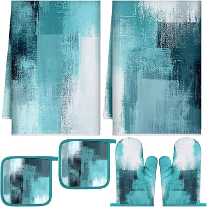 Bencailor 6 Pcs Teal Kitchen Accessories Teal Kitchen Towels Pot Holders and Oven Mitts Turquoise Farmhouse Cooking Mittens Oven Glove and Potholder for Baking Cooking Grilling Supply Accessories