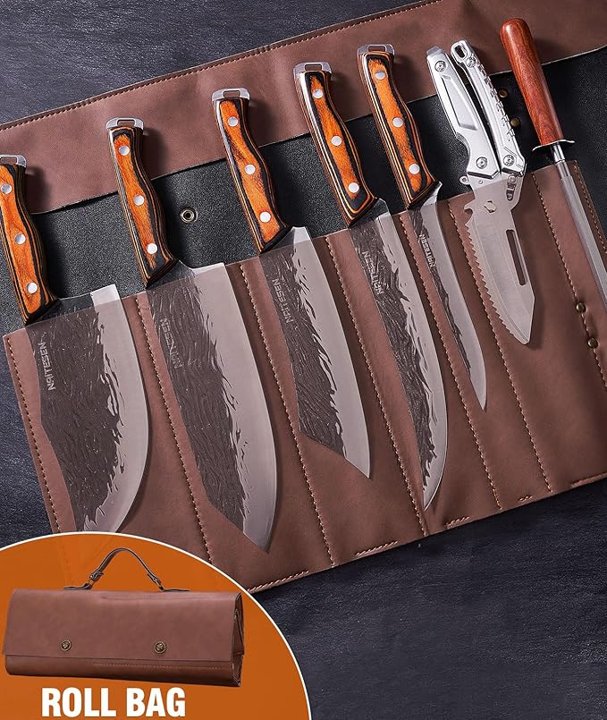 Naitesen 7PCS Hand Forged Butcher Knife and Kitchen Knife 2 in 1 Set with Roll Bag, Heavy Duty Meat Cleaver Serbian Chef Knife Breaking Knife Boning Knife for Meat Cutting BBQ Gifts for Men Women - Image 2