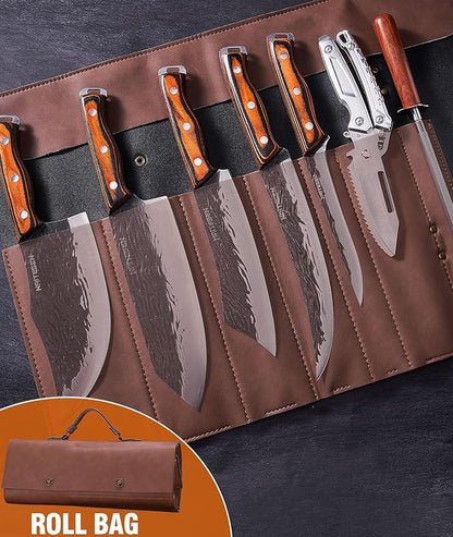 Naitesen 7PCS Hand Forged Butcher Knife and Kitchen Knife 2 in 1 Set with Roll Bag, Heavy Duty Meat Cleaver Serbian Chef Knife Breaking Knife Boning Knife for Meat Cutting BBQ Gifts for Men Women - Image 2