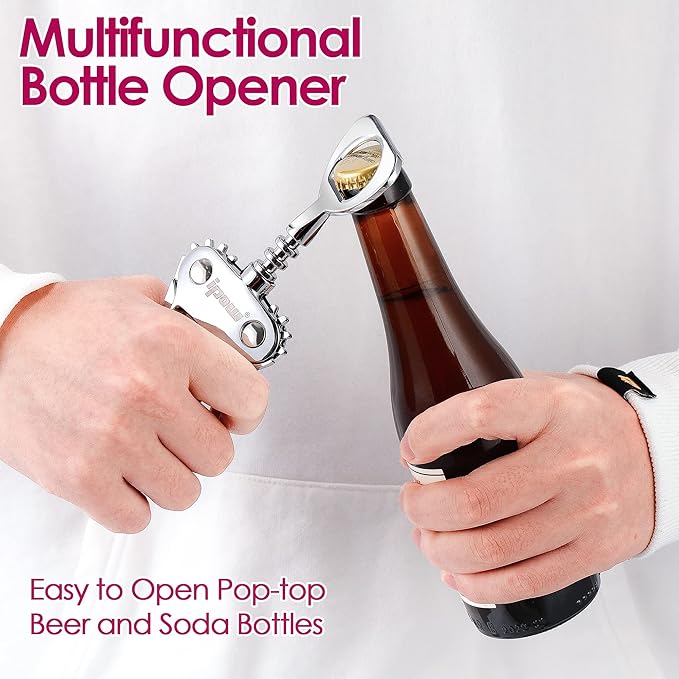 IPOW Wine Opener, Zinc Alloy Wine Bottle Opener, Wing Corkscrew Heavy Duty, Manual Multifunctional Cork Screw for Waiter, Green - Image 3