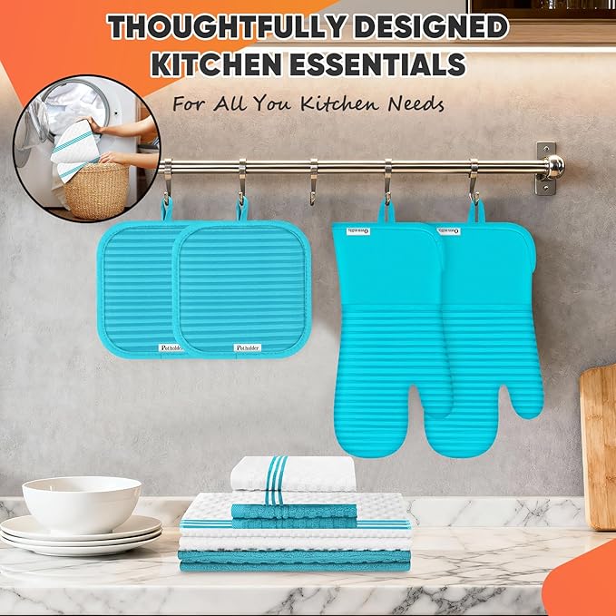 Oven Mitts Kitchen Towels and Dishcloths with Pot Holders Sets, Oven Gloves Hot Pads 500°F Heat Resistant with Silicone Grip, Include 2 Cooking Gloves/2 Potholders/4 Kitchen Towels/4 Dish Towels - Image 5