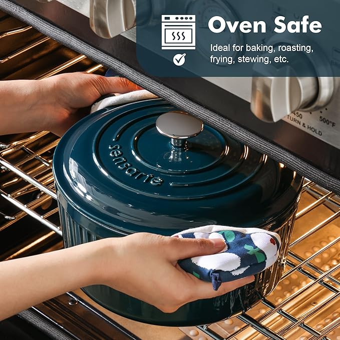SENSARTE Enameled Cast Iron Dutch Oven Pot with Lid 3.5/5.5/6.5 Quart Heavy-Duty Round Dual Handles Kitchen Pot with Cotton Potholders & Silicone Trivet, Pot for Bread Baking, Stews, Braising, Roasting, Oven Safe, 5.5 Quart, Emerald Green