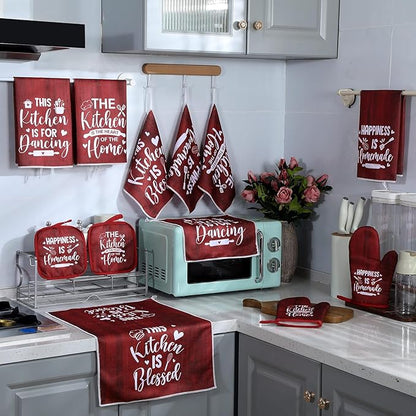 12 Pcs Farmhouse Kitchen Decor Sets 4 Red Kitchen Hand Towels 4 Dish Clothes 2 Rustic Pot Holders 2 Burgundy Oven Mitts Glove Hand Towels and Dishcloths Sets for Home Decorations Accessories Mom Gift