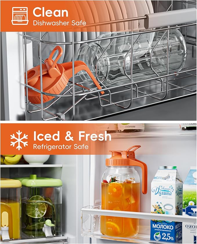 Glass Pitcher with Airtight Lid and Spout, 64oz Mason Jar Pitcher - Wide Mouth, Leakproof Water Jug for Juice, Sun Iced Tea, Cold Brew Coffee, Milk Storage, Orange - Image 4