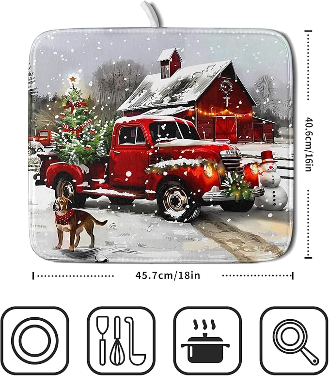 Red Truck Christmas Dish Drying Mat for Kitchen Counter 16x18 Inch Winter Xmas Tree Snowman Dog Print Absorbent Reversible Microfiber Drying Mats Kitchen Countertop Protector Dishes Drainer Rack Pad - Image 2