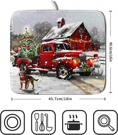 Red Truck Christmas Dish Drying Mat for Kitchen Counter 16x18 Inch Winter Xmas Tree Snowman Dog Print Absorbent Reversible Microfiber Drying Mats Kitchen Countertop Protector Dishes Drainer Rack Pad - Image 2