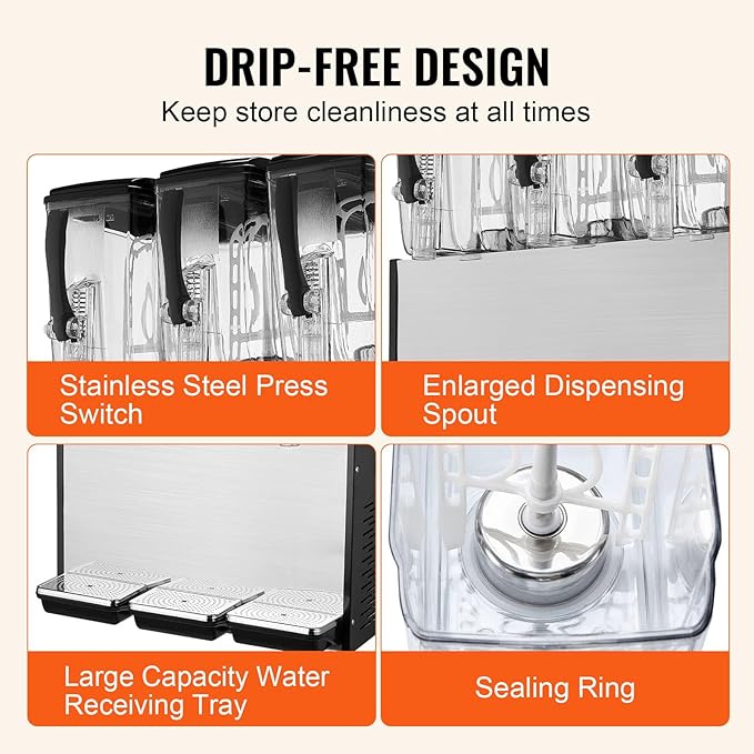 VEVOR Commercial Beverage Dispenser, 3 Tanks 12 L / 12.7 QT Per Tank Juice Dispenser, 370W Stainless Steel Ice Tea Drink Machine with 45°F-54°F Cooling Temperature, for Cold Drink Restaurant Bar Party - Image 5