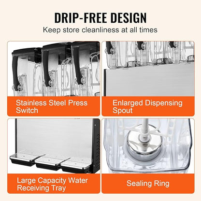 VEVOR Commercial Beverage Dispenser, 3 Tanks 12 L / 12.7 QT Per Tank Juice Dispenser, 370W Stainless Steel Ice Tea Drink Machine with 45°F-54°F Cooling Temperature, for Cold Drink Restaurant Bar Party - Image 5