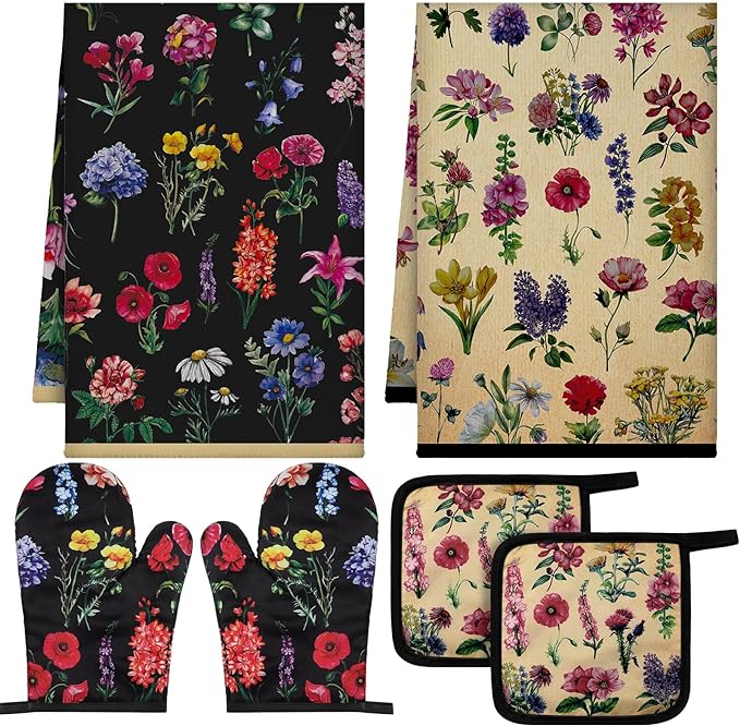 Bencailor 6 Pcs Vintage Wildflower Kitchen Towels Oven Mitts and Pot Holders Set Decorative Dish Towels Tea Washcloth Non Slip Heat Resistant Oven Gloves for Summer Home Cooking Baking, Cute Color by Bencailor
