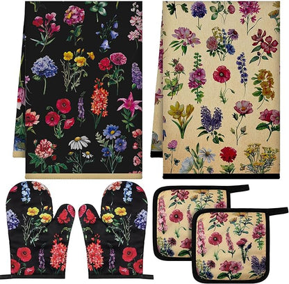 Bencailor 6 Pcs Vintage Wildflower Kitchen Towels Oven Mitts and Pot Holders Set Decorative Dish Towels Tea Washcloth Non Slip Heat Resistant Oven Gloves for Summer Home Cooking Baking, Cute Color by Bencailor