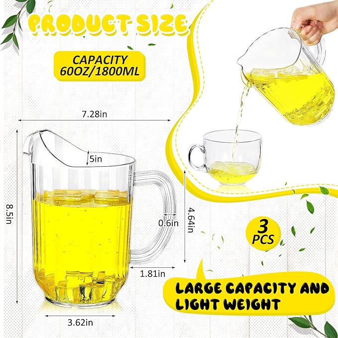 Tessco for you 3 Pcs Plastic Pitchers 60 Ounce Clear Restaurant Jug Large Water Pitcher Carafe Serve Milk Tea Juice Drink for Parties Container Dispenser Beer Jar (Classic) - Image 2
