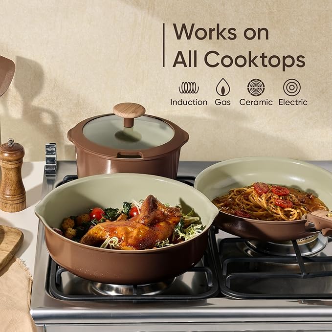CAROTE Ceramic Cookware Set, Pots and Pans Set Non Stick with Detachable Handle, RV Kitchen Cooking Set, Induction & Oven Safe, PFAS and PFOA Free, Pistachio Green 19 Pcs - Image 6