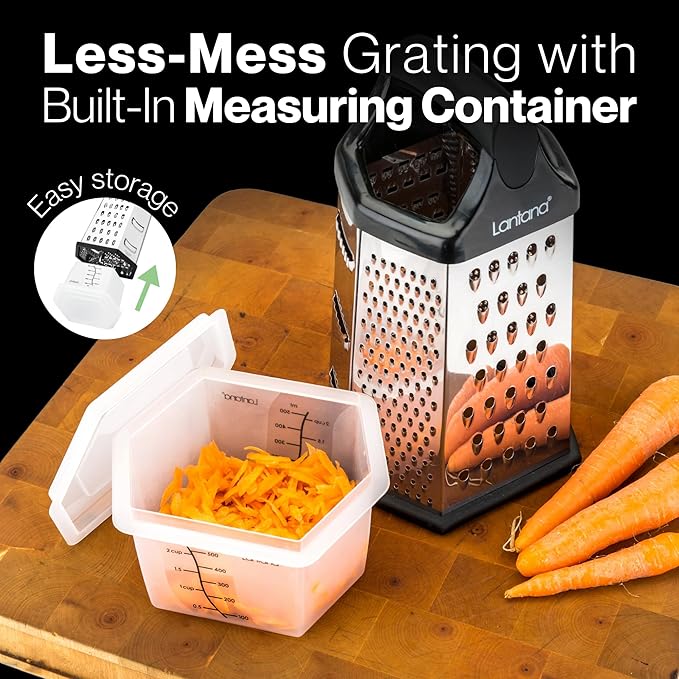 Lantana Cheese Grater for Kitchen with Container & Lid - Handheld Stainless Steel Box Food Shredder with Handle and 6 Essential Functions for Coarse, Medium, Fine, or Micro Grating/Shredding/Zesting - Image 3
