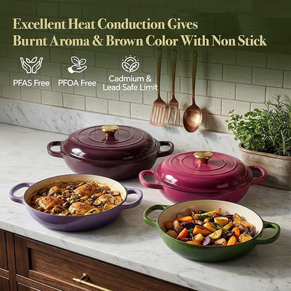 3 Quart Enameled Cast Iron Braiser, Non Stick Enameled Cast Iron Skillet with Lid, Dutch Oven Skillet with lid up to 500°F for Oven, Stove, Grill, Shallow Dutch Oven for Cook, Bake (Golden Green)