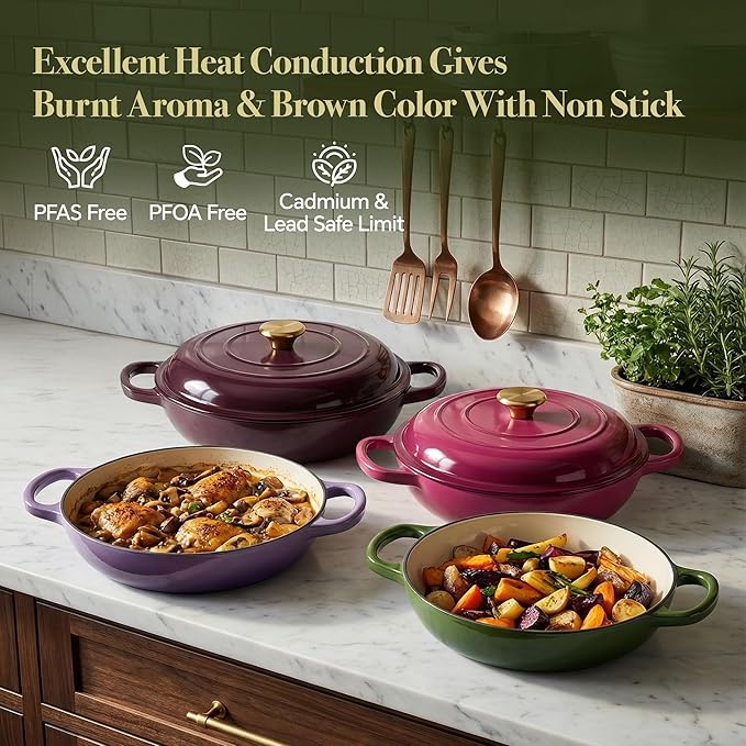 Vintage Style 3 Quart Enameled Cast Iron Braiser, Non Stick Enameled Cast Iron Skillet with Lid, Dutch Oven Skillet with lid up to 500°F for Oven, Stove, Grill, Shallow Dutch Oven for Cook, Bake (Gloden Green) - Image 2