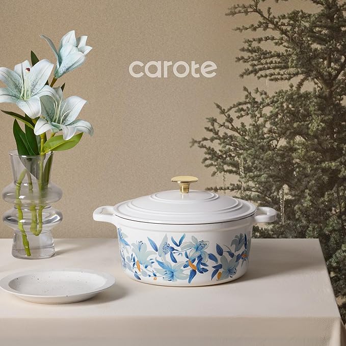 CAROTE 5 QT Cast Iron Dutch Oven Pot with Lid, Enameled Floral Dutch Ovens with Cotton Potholders & Oven Gloves, Gift Box, Cast Iron Pot for Sourdough Bread Baking, Braising, Stews, Roasting, Dual Handles, All Stovetop Compatible, Oven Safe up to 500° ... - Image 8