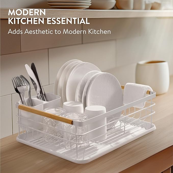 Navaris Dish Drainer Rack - Plate, Silverware, Pots and Pans - Dish Rack with Beechwood Handles - Metal Dish Drying Rack for Kitchen Counter - Modern Retro Design Dish Rack - White - Image 2