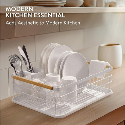 Navaris Dish Drainer Rack - Plate, Silverware, Pots and Pans - Dish Rack with Beechwood Handles - Metal Dish Drying Rack for Kitchen Counter - Modern Retro Design Dish Rack - White - Image 2