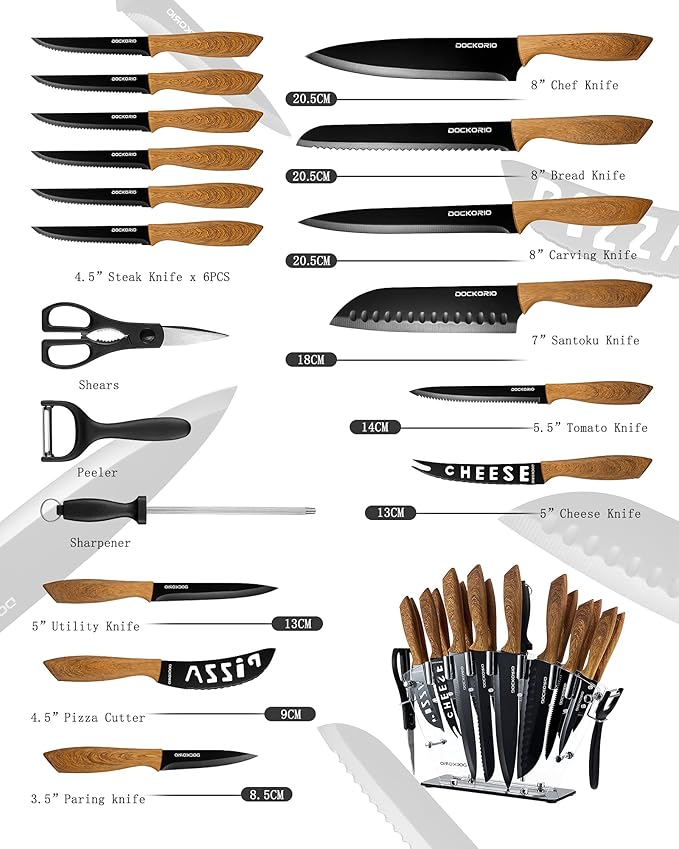 Kitchen Knife Set with Block, all in one 19 PCS High Carbon Stainless Steel Sharp Serrated Steak Knives Set, Chef Knives, Bread Knife, Scissor, Sharpener - Image 3