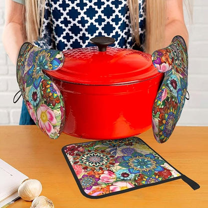 Boho Floral Oven Mitts and Pot Holders Sets, Heat Resistant Colorful Kitchen Gloves Hot Pads, Cute Baker Stuff, Chef Cooking Baking Gifts for Women Bakers, Kitchen Gifts for Cooking Lover Cooks Mom - Image 7