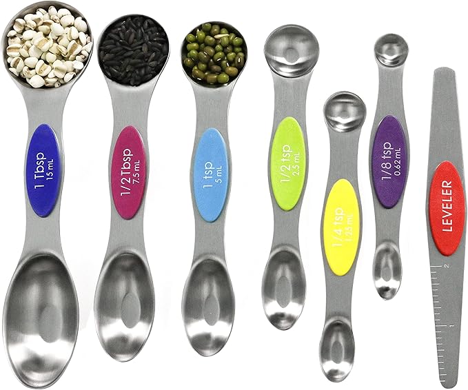 Multicolor Magnetic Measuring Spoons Set with Leveler - Stainless Steel, Stackable, Fits Spice Jars - For Baking Kitchen by BIDFUL