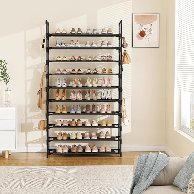 LANTEFUL Tall Shoe Rack 10 Tier Shoe Organizer Large Shoe Shelf with 18 Hooks Storage for 50 Pair, Stackable Vertical Shoe Rack Organizer for Closet, Entryway, Bedroom - Image 7