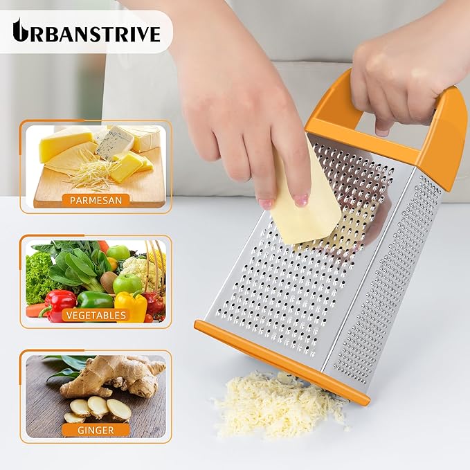 Urbanstrive Cheese Grater With Container, Professional Cheese Grater with Handle, Stainless Steel Graters for Kitchen Handheld, Box Grater with 4 Sides for Vegetables, Ginger, Potatoes (Orange) - Image 4