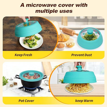 Microwave Splatter cover, Glass Microwave Cover for Food, 10.8 inch Guard Lid with Collapsible Silicone for 6-10 inch Plates & Bowls, Dishwasher Safe, 450°F Heat Resistant, BPA-Free, Blue