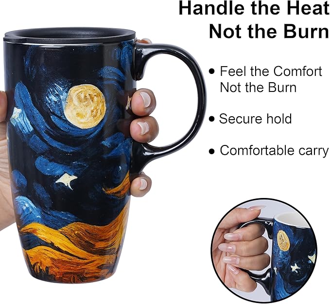 Topadorn Ceramic Coffee Travel Mug with Lid and Handle - 17 Oz Large Ceramic Latte Teacup with Color Box, Splash Resistant Lid - To Go Tumbler for Car Cup Holder, Starry Sky