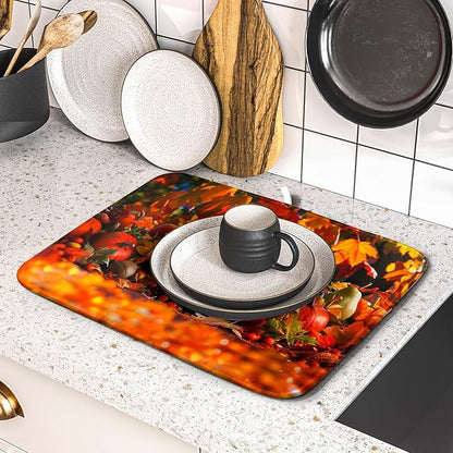 Fall Harvest Pumpkin Dish Drying Mat for Kitchen Counter,Thanksgiving Maple Leaves Sunflower Drying Mat 16 x 18 Inch with Absorbent Reversible Microfiber Dish Drying Pad for Coffee Bar - Image 5