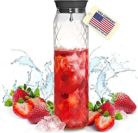 Glass Pitcher - 1.2 Liters / 41 oz, Borosilicate Glass - Water Carafe with Lid - for Hot/Cold Beverages - Milk Jug - Iced Tea Pitcher - Juice Server - by PJC-Kitchen
