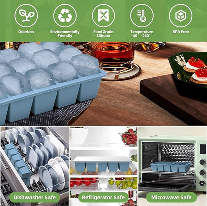 FANYITY Silicone Ice Cube Tray with Lid, Blue, Pack of 2 Ice Cube Moulds, Silicone Mould, BPA-Free, Stackable Ice Cube Tray, Ice Cube Trays for Baby Porridge, Cocktail, Whiskey, Coffee
