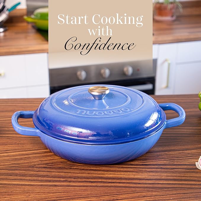 Shallow Cast Iron Casserole with Lid – Non Stick Dutch Oven Pot, Oven Safe up to 500° F – Sturdy Ovenproof Stockpot Cookware – Enamelled Cooking Pot – Dark Blue, 5-Quart, 32cm – by Nuovva