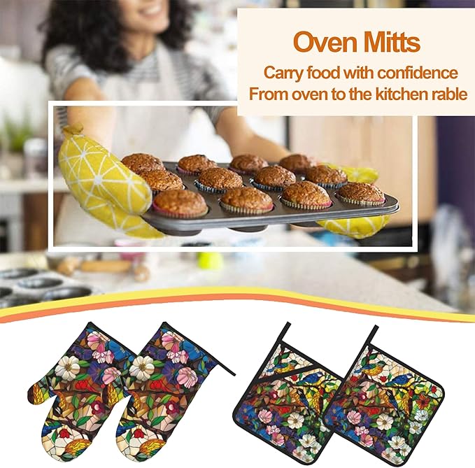 Abstract Bird Oven Mitts & Potholder Set of 4 - Heat Resistant Kitchen Gloves Hot Pads for Baking, Cooking, Gifts for Women