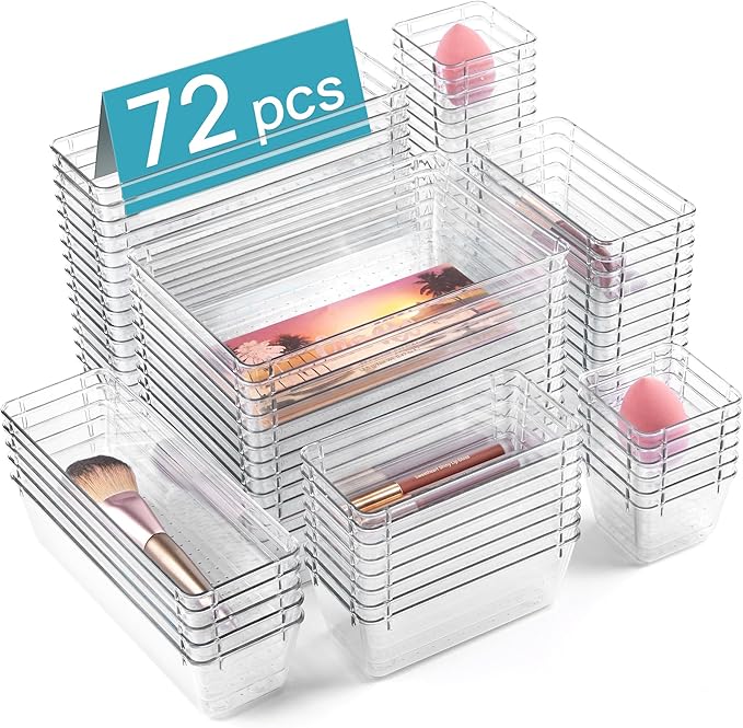Vtopmart 72 PCS Clear Plastic Drawer Organizers Set, 4-Size Versatile Bathroom and Vanity Organizer Trays, Non-Slip Storage Containers for Makeup, Jewelries, Bedroom，Kitchen Utensils and Office by Vtopmart