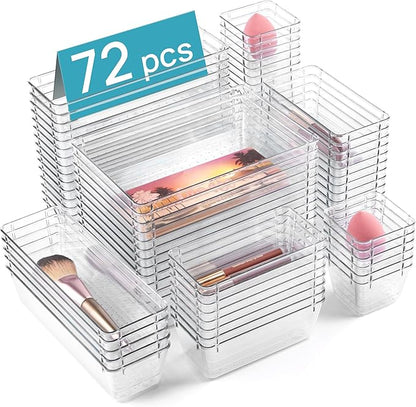 Vtopmart 72 PCS Clear Plastic Drawer Organizers Set, 4-Size Versatile Bathroom and Vanity Organizer Trays, Non-Slip Storage Containers for Makeup, Jewelries, Bedroom，Kitchen Utensils and Office by Vtopmart