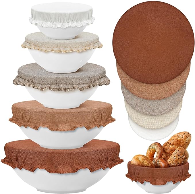 Patelai 10 Pcs Bowl Covers Reusable in 5 Size Stretch Cloth Fabric Elastic Food Storage Bowl Covers Bread Sourdough Lids for Proofing Food Fruits Leftover(Brown,Earth Tone Style) by Patelai