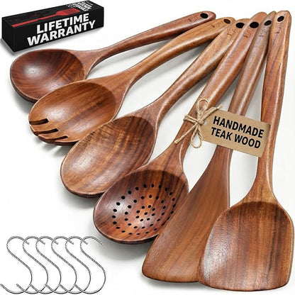 PriorityChef Wooden Spoons for Cooking, Premium 6pc Teak Wood Utensil Set with Hanging Hooks by PriorityChef