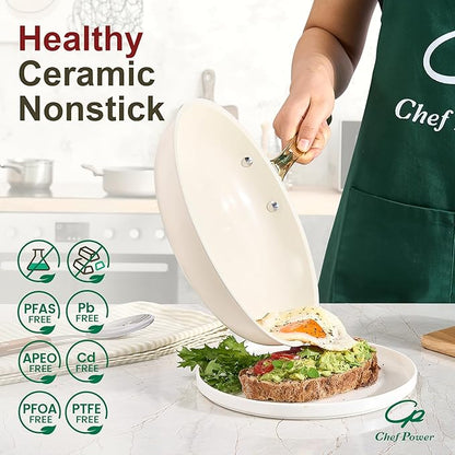 Chef Power Ceramic Cookware Sets, 15Pcs Pots and Pans Set Non Stick, Cookware Set with Stainless Steel Handle, Dishwasher & Oven Safe, Cream White and Light Gold Handle - Image 3
