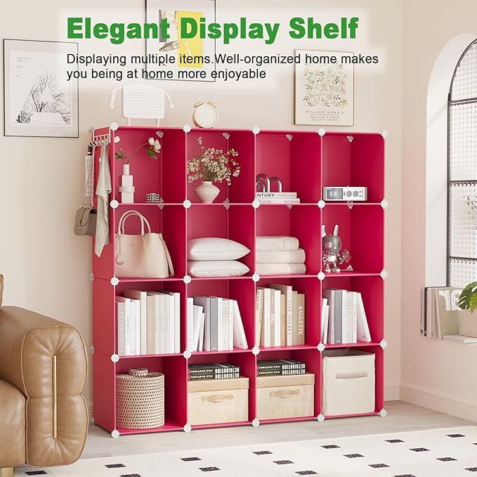 C&AHOME Cube Storage Organizer, 16-Cube Shelves Units, Plastic Storage Cubes, DIY Closet Organizer, Modular Closet Storage Shelves Ideal for Home, Bedroom, 48.4" L × 12.4" W × 48.4" H Red UPCS16R - Image 4