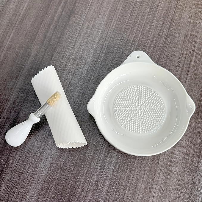 Ceramic Grater Plate for Ginger, Garlic, Onion, Cheese, Lemon, Chocolate, Vegetables and Fruits in Kitchen, White Garlic Grater with Peeler and Brush, Large