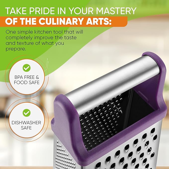Spring Chef Purple Professional Stainless Steel XL Parmesan Cheese Grater with Handle - Manual Box Grater for Kitchen, 4 Sides, Dishwasher Safe Food Shredder for Vegetable, Potato, Hard Cheese, Carrot - Image 5