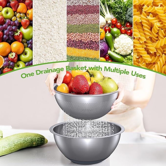 304 Stainless Steel Colander and Strainer, 5QT Large Capacity and 6QT Mixing Bowl, Micropore for Washing Rice, Fruit, and Cooked Pasta, Perfect Draining for Grain and Bean - Image 3